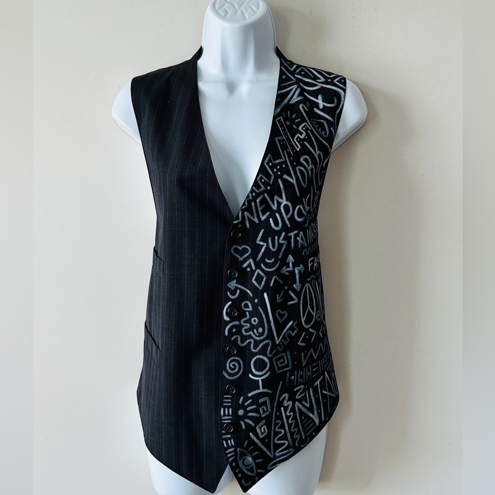 Vintage Black & Gray Pinstriped Vest Graffiti Upcycle Size L